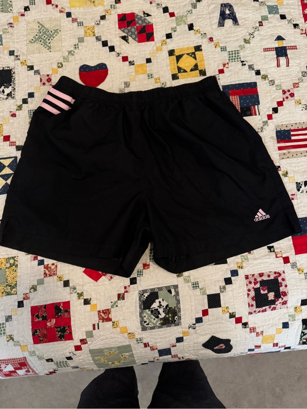 adidas Black Shorts with Pink Logo and Stripe Accents
